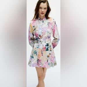 Zara Floral Print Linen Blend Dress with Belt